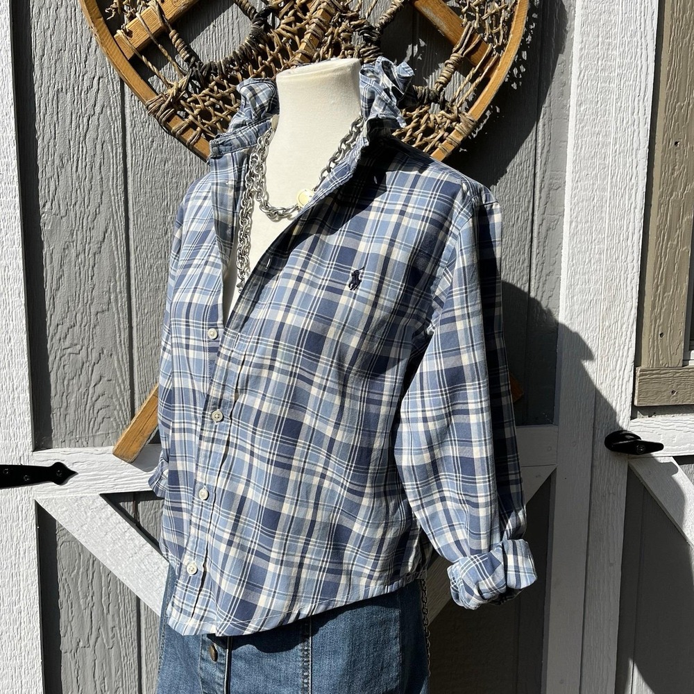 Upcycled Ralph Lauren Coastal Slate Blue & Navy Twill Check Ruffle Collar S